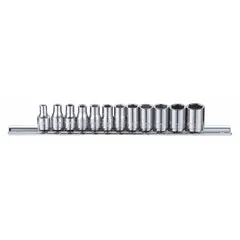 This 12-piece metric socket set features a 1/4 in drive and 6-point design for secure engagement on hex fasteners. Sizes range from 3.5 mm to 12 mm. Tether-ready for safety in elevated work. Suitable for tightening and loosening metric bolts and nuts in industrial maintenance and repair tasks.