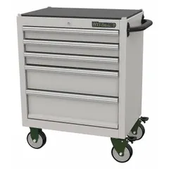 This WESTWARD rolling tool cabinet is constructed with a stainless steel exterior and silver drawer fronts. It measures 29 7/8 inches wide, 18 1/8 inches deep, and 34 5/16 inches high. The cabinet is designed for organizing and securing tools in industrial workshops, maintenance bays, and manufacturing facilities.