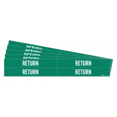 Green background pipe marker with white 'Return' legend for identifying return piping in fluid or steam systems. Each pack contains 4 adhesive markers that fit pipe outer diameters from 3/4 to 2-3/8 inches. Markers are supplied without arrows.