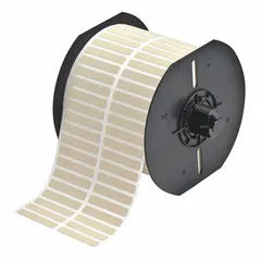 Precut label roll for BBP33 printer series. Each label measures 1/4 in x 1 1/2 in, made of polyimide with permanent adhesive in yellow matte finish. Used for durable identification in electrical and industrial applications requiring heat and chemical resistance.