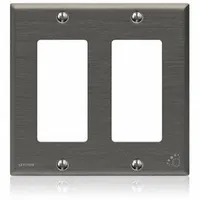 This 2-gang, standard-size wall plate is designed for decorator-rocker switches. Constructed from stainless steel with a silver finish, it features a gasketed seal for cleanroom environments. Suitable for applications requiring contamination control, such as laboratories and manufacturing facilities
