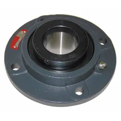 Flange-mount tapered roller bearing with a 4 15/16 in cylindrical bore, cast iron housing, and set screw locking. Uses NLGI #2 Equivalent lubricant, requires 7/8 in mounting bolts. Suitable for supporting heavy radial and axial loads in industrial machinery such as conveyors, fans, and pumps.