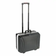 This plastic rolling tool case in black with a combination lock provides secure storage and transport for tools and small parts. Its 61 compartments help organize hand tools, instruments, and components across job sites. Dimensions: 18 3/4 inches wide, 15 inches deep, 10 1/2 inches high.