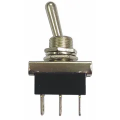 This SPST toggle switch offers On/Off/On functionality with a silver actuator and black stem. It features a high-current design with three 1/4 in male terminals for panel-mount applications. Suitable for controlling circuits in vehicles, marine systems, or off-road equipment.