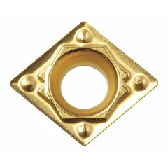 This diamond indexable turning insert is used for precision machining of non-ferrous materials such as aluminum alloys, copper, and plastics. It is suitable for turning, boring, and facing operations, providing a high surface finish and extended tool life.