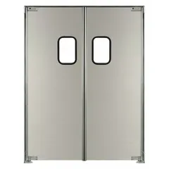 This general purpose swinging door set consists of two gray aluminum doors, each 5 ft wide by 7 ft high, supplied as one pair. It includes acrylic windows, bumpers, and mounting hardware; door seals are not included. The unit meets USDA standards and is suitable for industrial and commercial openings requiring durable, easy-to-clean doors.