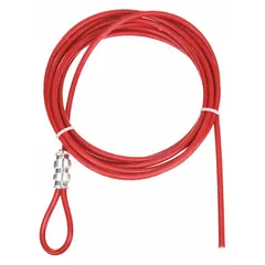 This 10 ft red steel cable with a plastic finish is designed for use in lockout/tagout applications requiring temperature resistance. It is intended to be used with compatible cable lockout devices to secure energy isolation points during maintenance procedures.