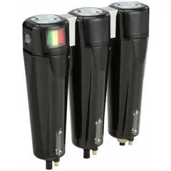 Three-stage sterile air filter assembly with 1/2 in NPT connection. Provides 0.01 micron filtration with 90 cfm flow capacity. Maximum operating temperature 130°F. Used in compressed air systems requiring high-efficiency removal of particulates, oil, and water aerosols.