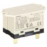 Surface-mounted power relay with square base and top flange mounting. SPST-NO contact configuration rated for 30 A at 100/120V AC. Quick-connect terminals. Suitable for switching high-current loads in motor controls, lighting, and HVAC systems