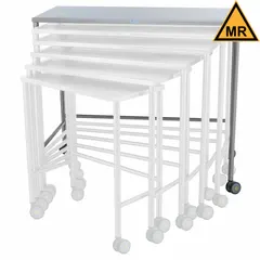 This fixed-height lab table features a stainless steel countertop that resists corrosion and contamination, suitable for laboratory and clean room environments. The table is mounted on swivel casters for easy repositioning. Overall dimensions: 4 ft length, 24 in width, 42 in height. Finish: silver.