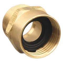 This rigid adapter connects garden hoses with GHT threads to standard NPT threaded fittings. It features a male x female gender configuration and a 33 mm overall length. Suitable for plumbing connections in irrigation, maintenance, and other industrial applications.