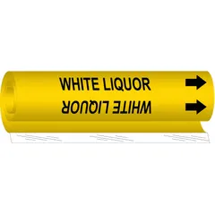 Yellow wrap-around pipe marker with black legend 'White Liquor' and directional arrows. Fits pipe outer diameter 1-1/2 to 2-3/8 inches. Used to identify pipes carrying white liquor in industrial processing facilities.