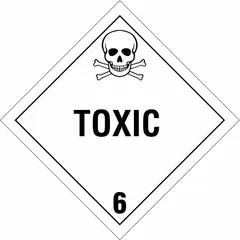 Class 6 hazard placard for identifying toxic, poison inhalation, and infectious substances during transport. Measures 10 3/4 in x 10 3/4 in with 'Toxic 6' message. Label height and width are both 10 3/4 in.