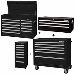 This heavy-duty combination unit includes a top chest, intermediate chest, side cabinet, and rolling cabinet, offering 27 drawers with ball-bearing slides and keyed locks. Overall dimensions: 57 1/2 in W x 19 in D x 82 3/4 in H. Suitable for organized storage of tools and parts in workshops, garages, and maintenance facilities.