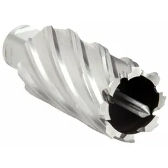 This high-speed steel annular cutter has a 7/8 in diameter and 2 in maximum cutting depth. It features a bright finish and includes a pilot pin. Designed for use with magnetic drill presses, it is suitable for general cutting applications in metal.