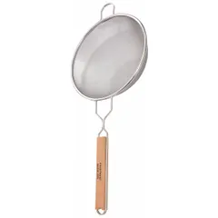 This wire mesh strainer is constructed of stainless steel with a medium single mesh for straining and filtering liquids and solids. The overall length is 23-1/2 inches, and the handle is made of wood. Suitable for general straining tasks in industrial kitchens, food processing, and chemical mixing.