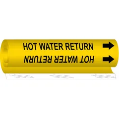 Yellow wrap-around pipe marker with black legend reading 'Hot Water Return' and directional arrows. Fits pipe outer diameters from 1/2 to 1-3/8 inches. Used to identify hot water return lines in piping systems, aiding in clear content and flow direction identification.