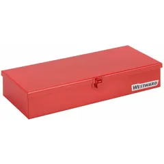 Steel socket storage box with a red finish and hinged lid. Single compartment for organizing and protecting sockets. Dimensions: 14 1/4 in width, 6 1/2 in depth, 2 5/8 in height. Suitable for workshop, garage, and industrial maintenance environments.