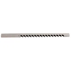 This keyway broach cuts a 1-inch wide keyway in pulleys, gears, or hubs. It has a broach length of 19 3/4 inches, a minimum cut length of 3/4 inch, and a maximum cut length of 6 inches. Used in machining operations to create internal slots for keyed shaft connections.