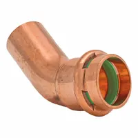 This 45-degree elbow is a press-fit fitting for copper or bronze tubing, sized 3/4 in CTS x 3/4 in CTS. It features a seal window for visual leak verification. Typical applications include potable water, hydronic heating, and other commercial or industrial piping systems