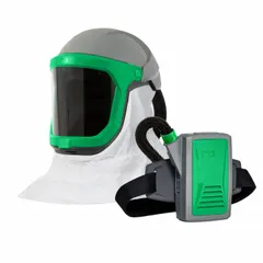 The RPB Z-Link PAPR assembly is a belt-mounted, lithium-ion powered air-purifying respirator system. It includes the Z-Link respirator, 16-810 safety lens, 16-723 Tychem SL shoulder cape, 04-831 breathing tube, and 03-801 PX5 PAPR. This system supplies filtered air for respiratory protection in industrial environments where airborne contaminants are present.