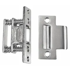 Brass roller-type grab catch with a height of 3 3/8 inches and a width of 1 inch. Features a pull opening action for securing cabinet doors. Suitable for use in cabinets and enclosures requiring a positive latch that releases with a manual pull.