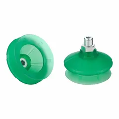 SCHMALZ bellows type vacuum pad assembly with 1.5 folds, 58.4 mm pad diameter, and 1/4 in NPT connection. Made of Elastodur ED in green with 65 A durometer. Suitable for handling lightweight or irregular items such as cartons or bags in pick-and-place operations.