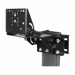 This pillar computer mount is designed for mounting computers or tablets on the overhead guard leg of a forklift. It features a corrosion-resistant black finish and includes a large plate for stable installation. Suitable for industrial environments where equipment must withstand vibration and exposure.