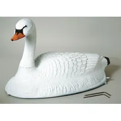 White plastic swan decoy designed for waterfowl hunting and wildlife management. Used to attract geese by mimicking a swan, leveraging natural flocking behavior. Suitable for field or water setups.