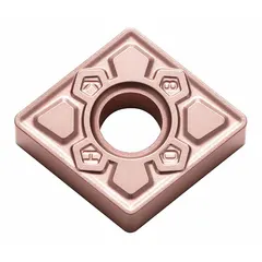 This diamond indexable turning insert is designed for precision machining of non-ferrous materials, composites, and abrasive plastics. It is commonly used in turning, facing, and boring operations. The insert features a negative-rake, 80° rhombic geometry with a hole and chipbreaker.