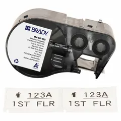 Metalized polyester precut label roll cartridge, black on gray, 2 in x 1 in labels. Designed for use with BMP41 printer series. Suitable for asset tagging, cable marking, and panel identification.
