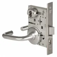 This office lever lockset features a chrome finish and is ADA compliant for accessible lever operation. It includes an interchangeable core for flexible key control and is suitable for commercial interior doors such as those in offices, schools, and healthcare facilities