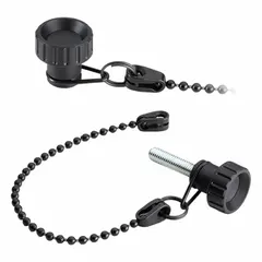 Tethered fluted knob with M6 threaded blind hole and 12 mm thread length. Plastic construction with matte finish. Includes 200 mm nominal tether made of POM-based technopolymer in black, with POM seal material. Used for manual adjustment and fastening on industrial machinery, panels, and equipment where a captive component prevents loss.
