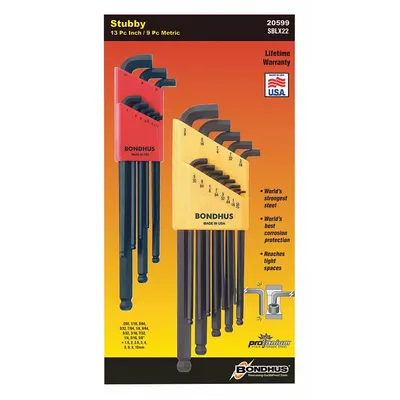 BONDHUS Hex Key Set: 16 or More Pieces, L, Metric and SAE, Single Ball End, Long - L-Shaped Hex Key Sets