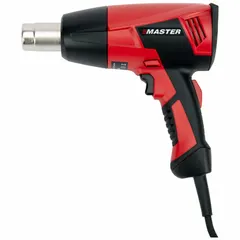Standard pistol-grip heat gun operating on 120V AC with a two-prong plug and 13A current draw. Features an LCD display for temperature monitoring. Suitable for shrink-wrapping, paint stripping, thawing pipes, and bending plastics.