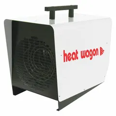 Portable electric salamander heater with 6kW output, suitable for jobsite and garage heating. Operates on 1-phase 208/240V AC, includes NEMA 14-30P plug with 4-prong grounded cord. Features automatic reset thermal overheat protection and provides 100°F air temperature rise. Dimensions: 17 in x 12 in x 20 in.