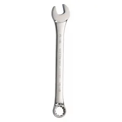 Alloy steel construction with chrome finish. 15/16 in head size, 12 3/8 in overall length, offset design. Used for tightening or loosening fasteners in maintenance and assembly tasks.