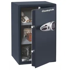 This free-standing security safe offers 2.18 cu ft of storage in a steel body measuring 24 in H x 15 3/8 in W x 16 1/8 in D. It is equipped with a digital combination lock and 4 live locking bolts for access control. Not fire rated. Suitable for securing valuables, documents, and small items in residential or office settings.