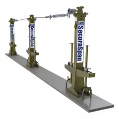 This reusable horizontal lifeline system is designed for tie-off to rebar loops on concrete structures. It includes two stanchions and a steel lifeline, with steel hardware for secure anchoring. Suitable for fall protection applications where temporary or permanent horizontal lifelines are needed on concrete substrates.