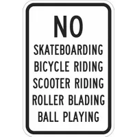 Aluminum sign with Diamond Grade retroreflective sheeting and mounting holes for permanent installation. Prohibits skateboarding, bicycle riding, scooter riding, roller blading, and ball playing. No header design. Suitable for parks, parking lots, and private property where activity restrictions are enforced