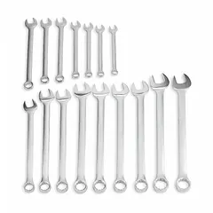 This 16-tool SAE 12-point combination wrench set is constructed from alloy steel with a satin finish. Each wrench features a 15° head offset angle and an offset design for improved access to fasteners in confined spaces. The set is non-magnetic and includes a storage component. Suitable for general fastening and loosening tasks in mechanical assembly and maintenance.