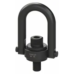 This pivot and rotate hoist ring is designed for pulling operations in material handling and rigging applications. Constructed from black oxide-coated steel, it features a 1"-8 thread size and a maximum load capacity of 10,000 lb.
