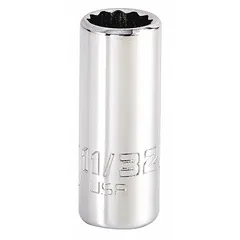 1/4" drive hand socket with 11/32" hex size, 12-point configuration, and chrome finish. Used for tightening or loosening fasteners in general mechanical work.