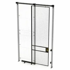 Steel slide door with black powder-coated finish, designed for quick-assemble woven-wire partition systems. Measures 10 ft high by 3 ft wide by 1 3/4 in deep. Provides controlled access to enclosed areas while maintaining visibility and airflow.