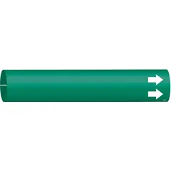 Green snap-on pipe marker with white legend area for custom labeling. Fits pipe outer diameters of 1-1/2 to 2-3/8 inches. Includes directional arrows. Suitable for industrial pipe identification where custom text is required.