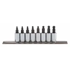 This 25-piece ball hex bit socket set features a 1/4 in drive size and tip sizes ranging from 1/4 in to 9/64 in. The ball hex design allows driving hex fasteners at angles up to 25 degrees, useful in applications where straight access is limited. Suitable for maintenance and assembly tasks in industrial and automotive settings.