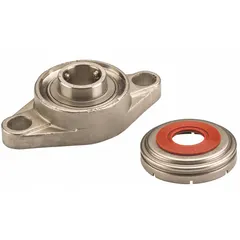 Inch-system two-bolt flange bearing with 1 1/4 in cylindrical bore, set screw locking, and open cap. Stainless steel construction with FDA/USDA-H1 solid grease lubricant. Mounting bolt size 5/8 in. Overall length 5 17/32 in, width 1 37/64 in. Suitable for food-grade applications requiring washdown resistance.