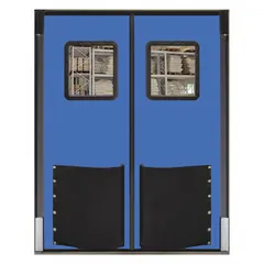 This insulated swinging door features two blue polyethylene doors with a 6 ft width and 7 ft height. It includes a polycarbonate window, door seals, bumpers, and mounting hardware. Meets USDA standards for use in food processing, cold storage, and industrial facilities where temperature control and hygiene are required.