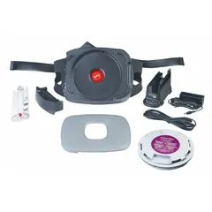 Belt-mount/back-mount powered air purifying respirator assembly with lithium-ion battery. Includes battery charger with power cord. Provides continuous filtered airflow for respiratory protection in environments with airborne particulates.