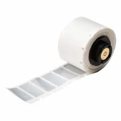 Silver gloss destructible tamper-indicating precut label roll with mixed sizes of 1/2 in x 1 in and 1 in x 1/2 in. Compatible with BMP71 printer using Media Adapter. Leaves residue upon removal attempt, suitable for asset tagging, warranty seals, and security sealing.